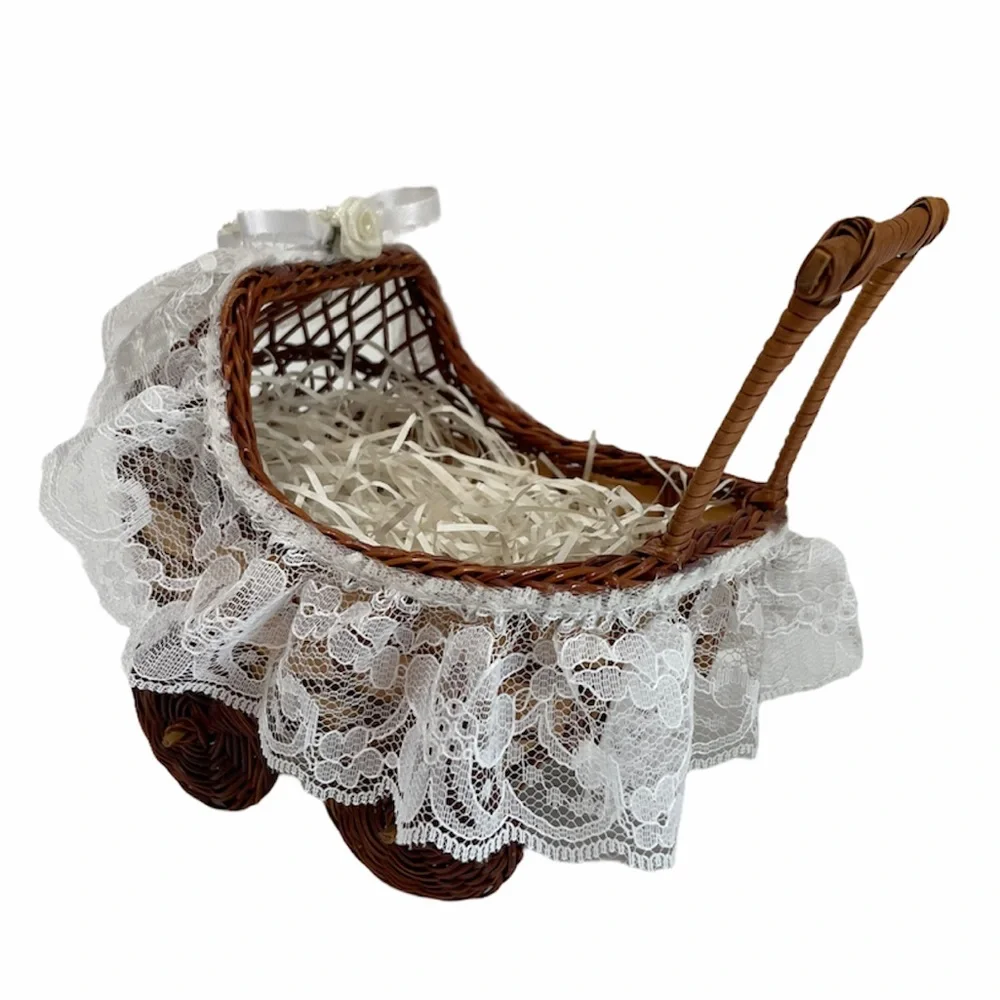 Vintage Lace Wicker Basket Baby Carriage Handcrafted Handmade Victorian Cottage